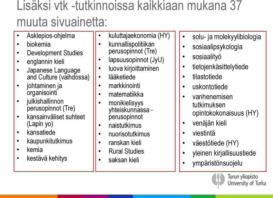 (JyU) luova kirjoittaminen lääketiede markkinointi matematiikka monikielisyys yhteiskunnassa - perusopinnot naistutkimus nuorisotutkimus ranskan kieli Rural Studies saksan kieli solu- ja