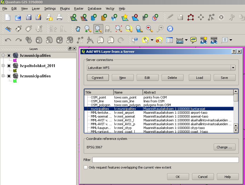 Quantum GIS 1.8.0 -version WFS-käyttöliittymä.