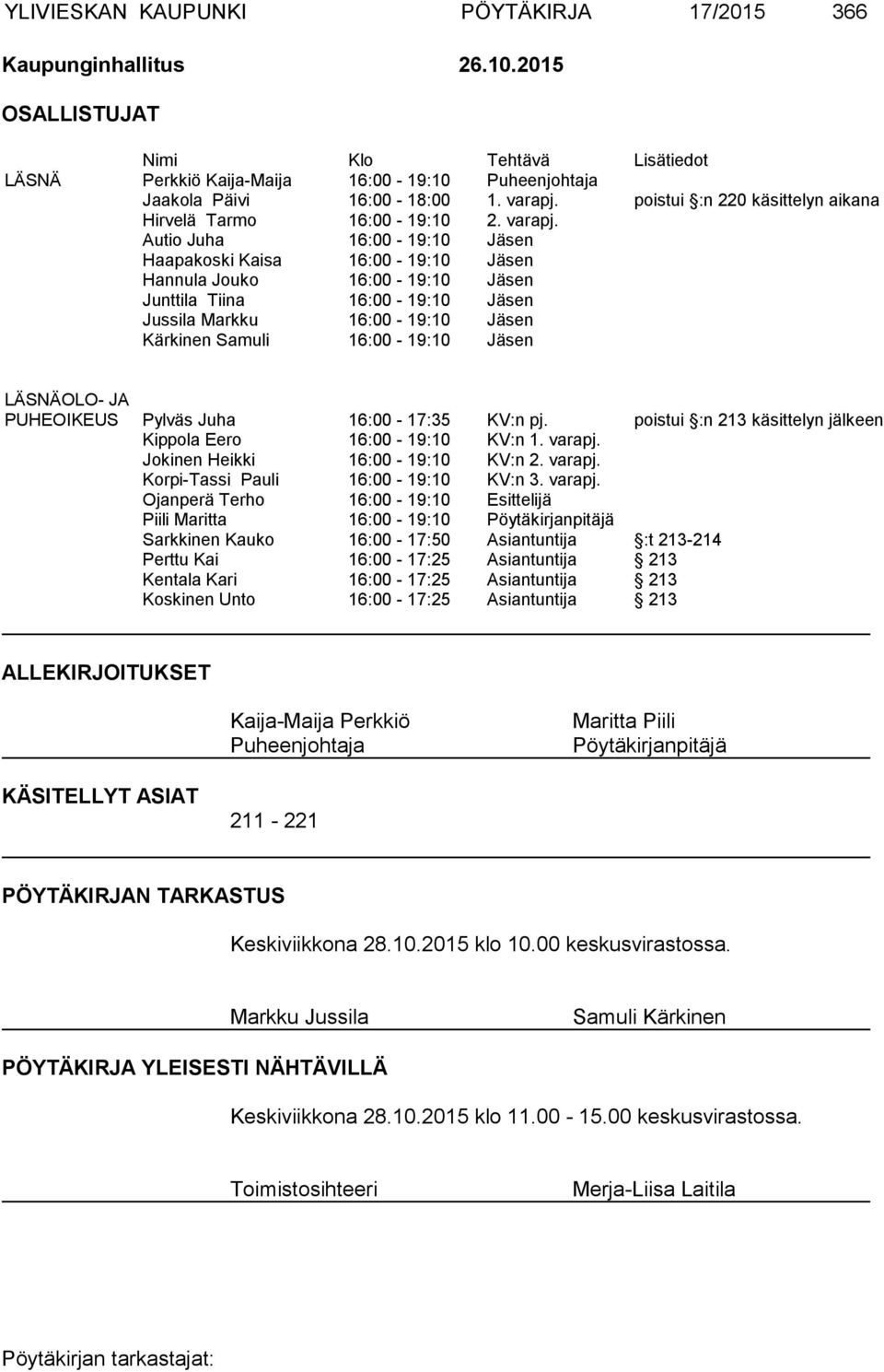 Autio Juha 16:00-19:10 Jäsen Haapakoski Kaisa 16:00-19:10 Jäsen Hannula Jouko 16:00-19:10 Jäsen Junttila Tiina 16:00-19:10 Jäsen Jussila Markku 16:00-19:10 Jäsen Kärkinen Samuli 16:00-19:10 Jäsen