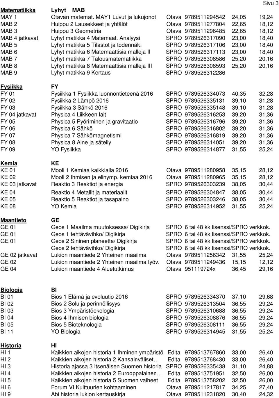 Lyhyt matikka 4 Matemaat. Analyysi SPRO 9789526317090 23,00 18,40 MAB 5 Lyhyt matikka 5 Tilastot ja todennäk.