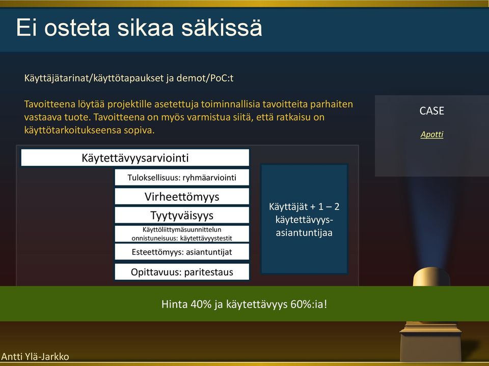 CASE Apotti Käytettävyysarviointi Tuloksellisuus: ryhmäarviointi Virheettömyys Tyytyväisyys Käyttöliittymäsuunnittelun