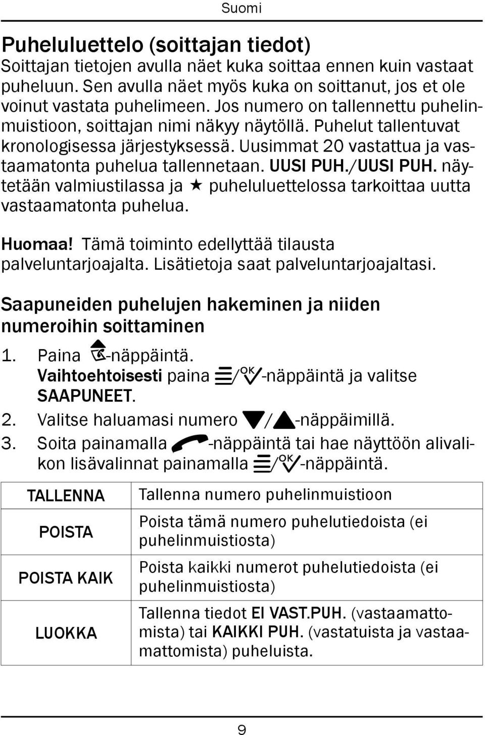 /UUSI PUH. näytetään valmiustilassa ja puheluluettelossa tarkoittaa uutta vastaamatonta puhelua. Huomaa! Tämä toiminto edellyttää tilausta palveluntarjoajalta. Lisätietoja saat palveluntarjoajaltasi.