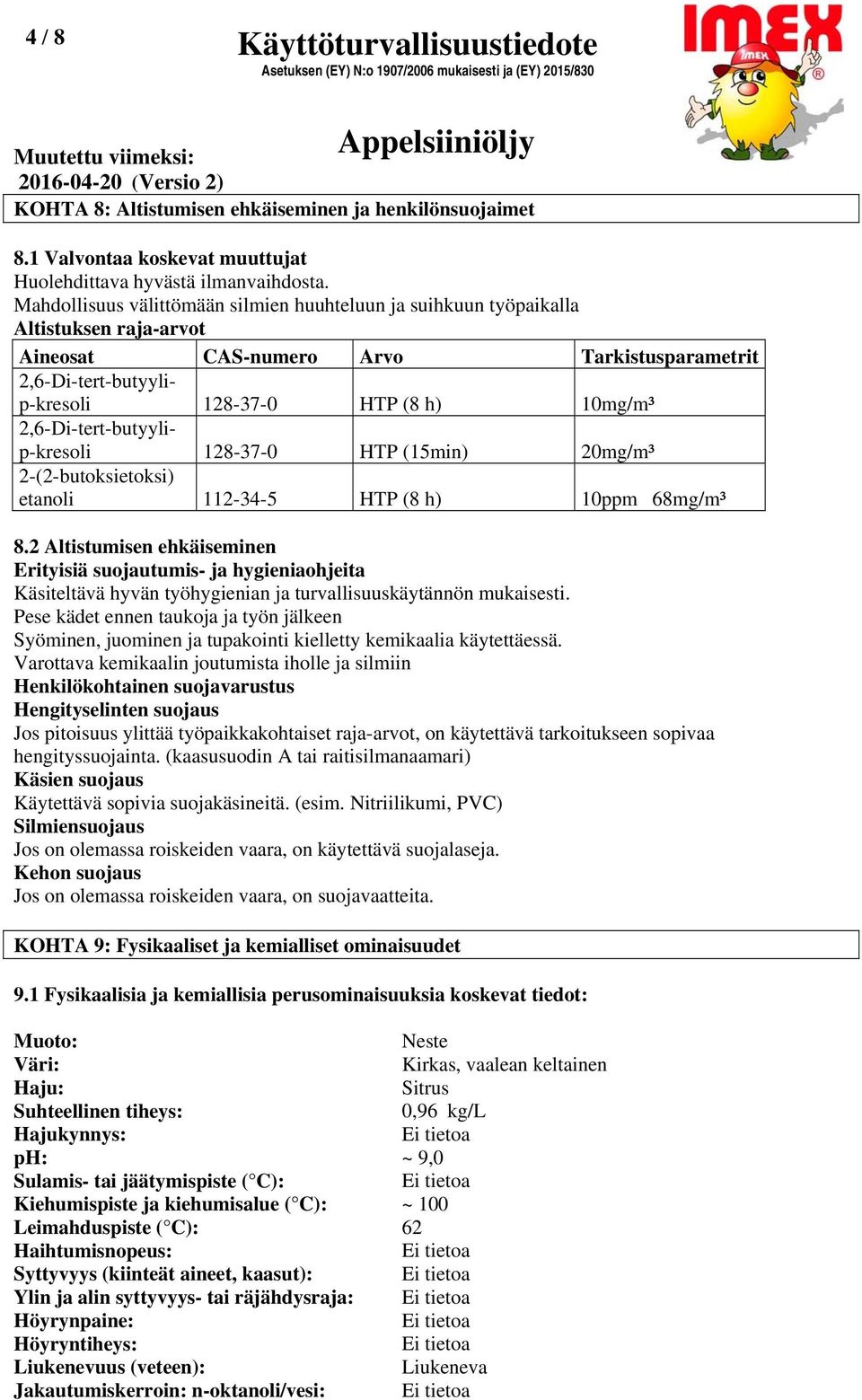 2,6-Di-tert-butyylip-kresoli 128-37-0 HTP (15min) 20mg/m³ 2-(2-butoksietoksi) etanoli 112-34-5 HTP (8 h) 10ppm 68mg/m³ 8.