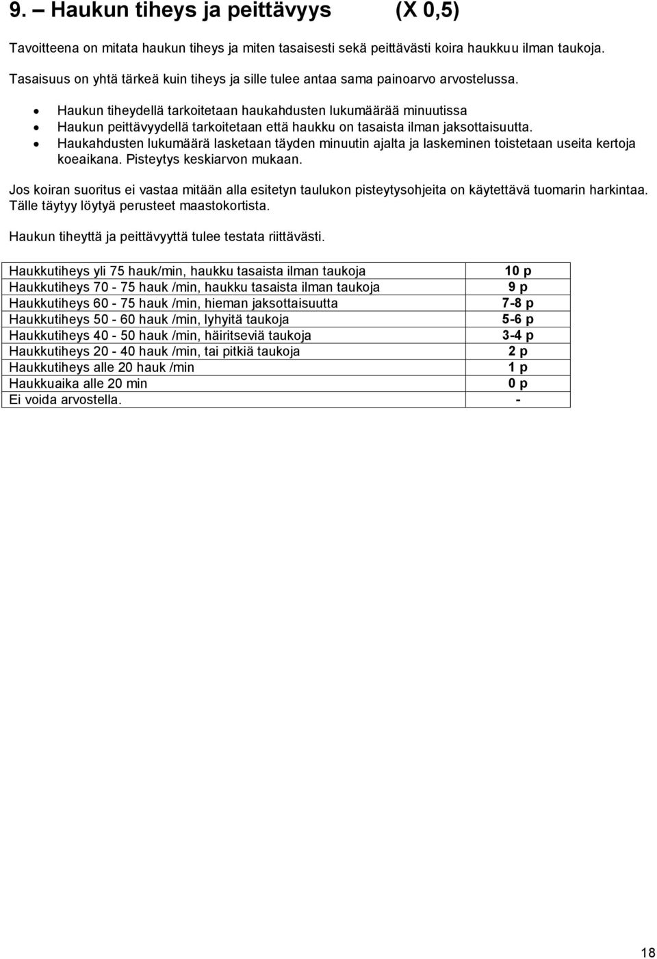 Haukun tiheydellä tarkoitetaan haukahdusten lukumäärää minuutissa Haukun peittävyydellä tarkoitetaan että haukku on tasaista ilman jaksottaisuutta.