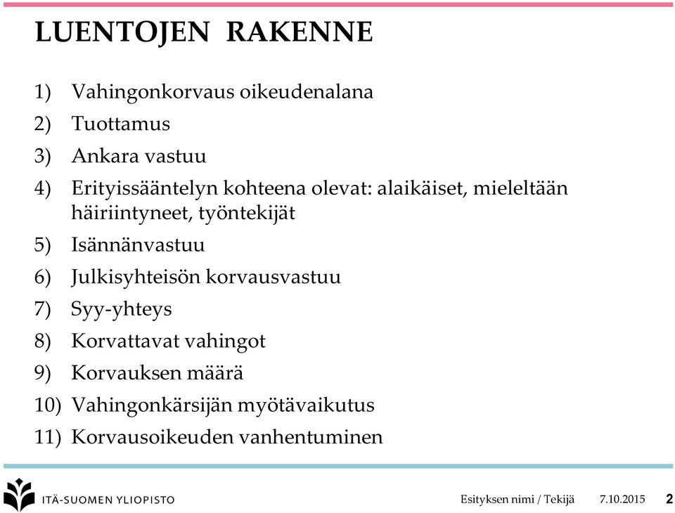 Isännänvastuu 6) Julkisyhteisön korvausvastuu 7) Syy-yhteys 8) Korvattavat vahingot 9)