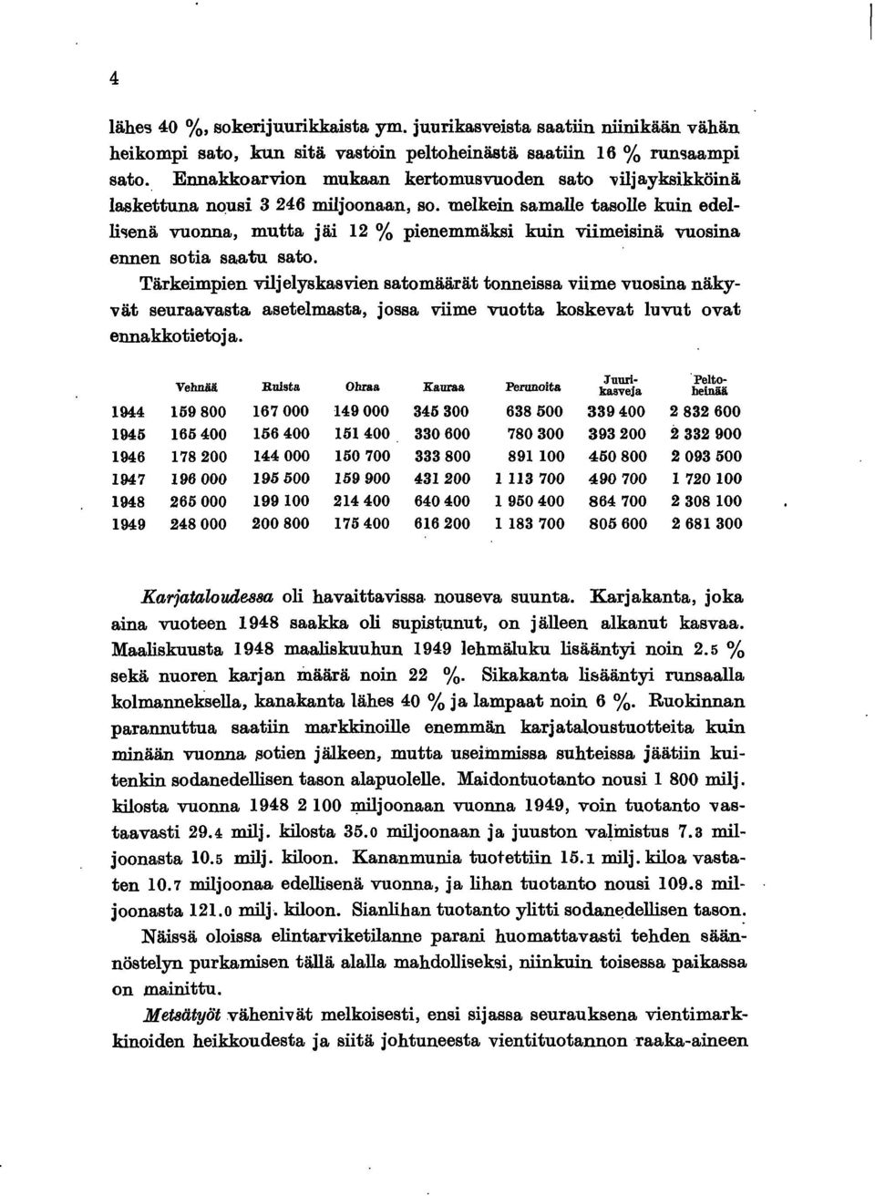 melkein samalle tasolle kuin edelli"lenä vuonna, mutta jäi 12 % pienemmäksi kuin viimeisinä vuosina ennen sotia saatu sato.