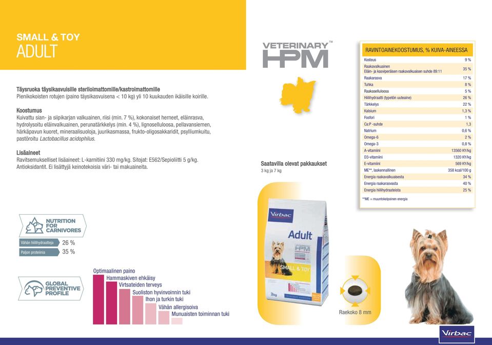 4 %), lignoselluloosa, pellavansiemen, härkäpavun kuoret, mineraalisuoloja, juurikasmassa, frukto-oligosakkaridit, psylliumkuitu, pastöroitu Lactobacillus acidophilus.