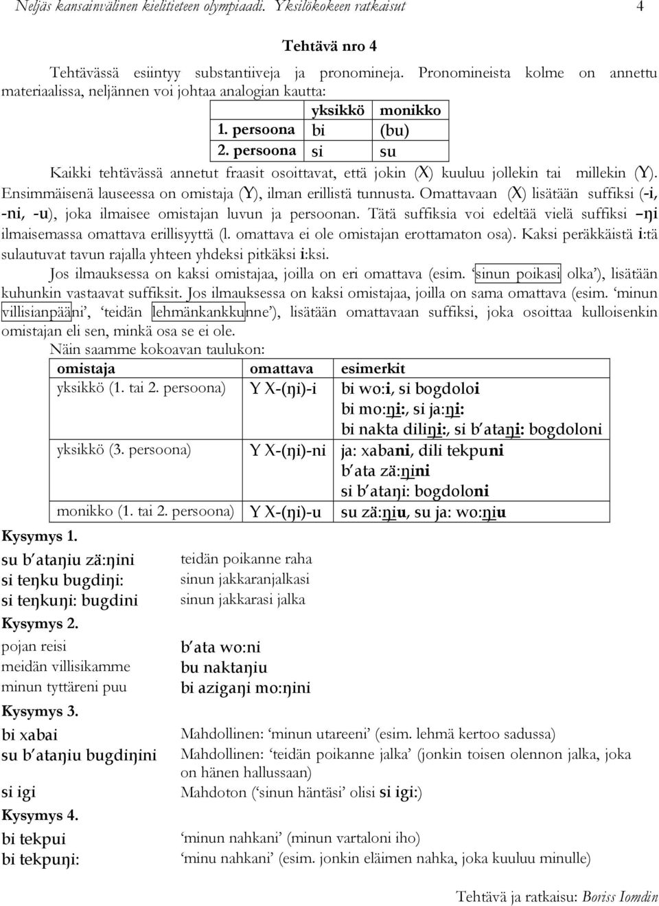 persoona si su Kaikki tehtävässä annetut fraasit osoittavat, että jokin (X) kuuluu jollekin tai millekin (Y). Ensimmäisenä lauseessa on omistaja (Y), ilman erillistä tunnusta.