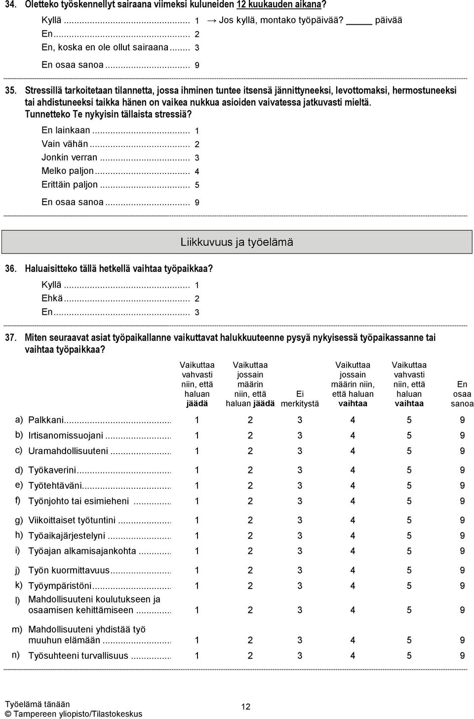 Tunnetteko Te nykyisin tällaista stressiä? lainkaan... 1 Vain vähän... 2 Jonkin verran... 3 paljon... 4 paljon... 5 osaa sanoa... 9 Liikkuvuus ja työelämä 36.