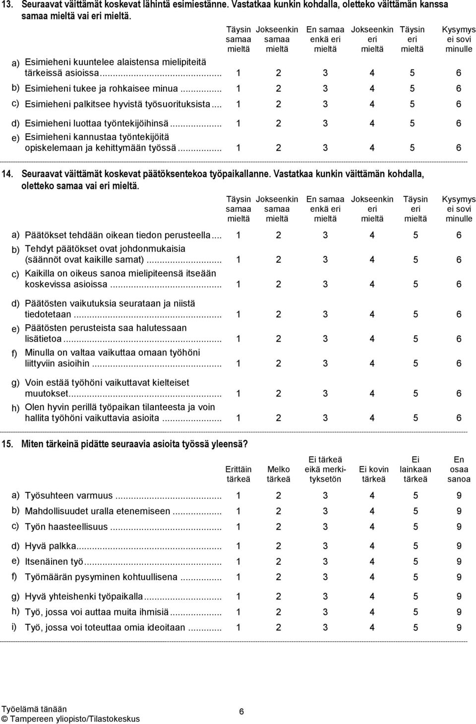 .. 1 2 3 4 5 6 e) Esimieheni kannustaa työntekijöitä opiskelemaan ja kehittymään työssä... 1 2 3 4 5 6 Kysymys ei sovi minulle 14. Seuraavat väittämät koskevat päätöksentekoa työpaikallanne.