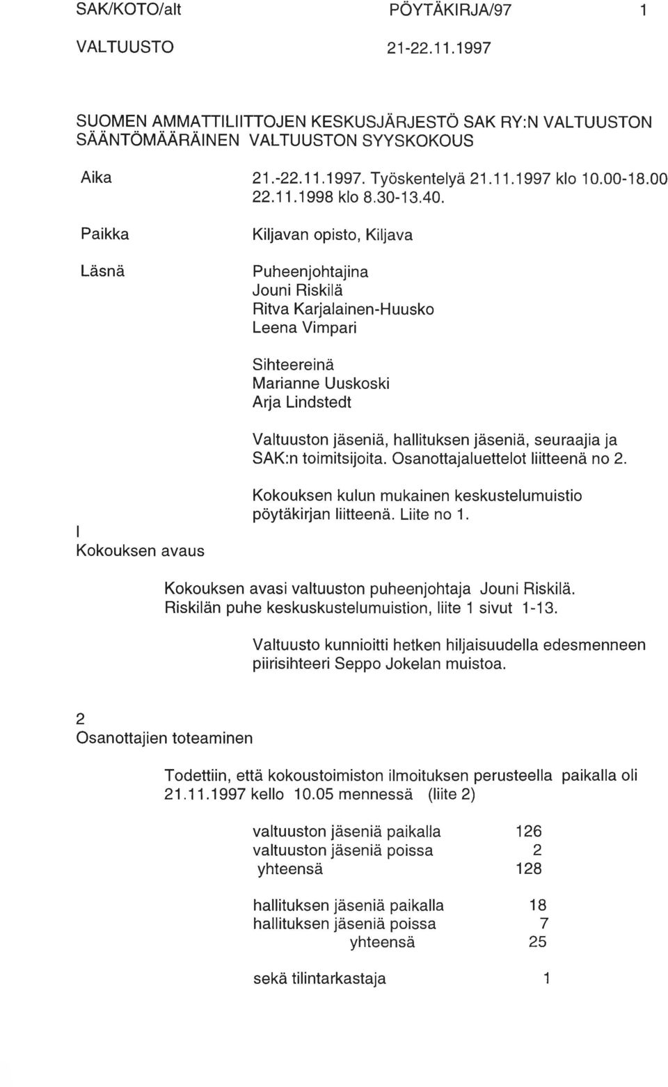 Paikka Läsnä Kiljavan opisto, Kiljava Puheenjohtajina Jouni Riskilä Ritva Karjalainen-Huusko Leena Vimpari Sihteereinä Marianne Uuskoski Arja Lindstedt Valtuuston jäseniä, hallituksen jäseniä,