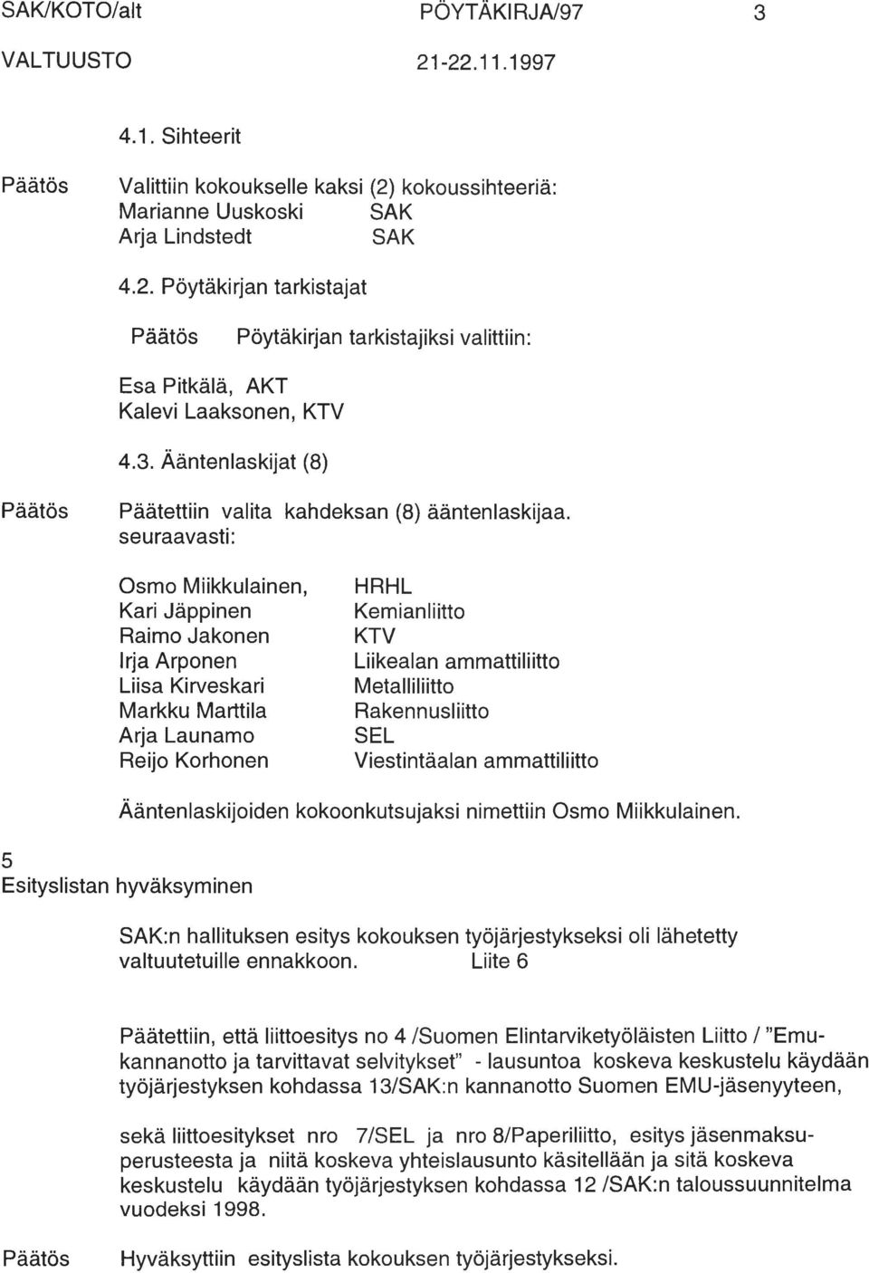 Reijo Korhonen HRHL Kemianliitto KTV Liikealan ammattiliitto Metalliliitto Rakennusliitto SEL Viestintäalan ammattiliitto Ääntenlaskijoiden kokoonkutsujaksi nimettiin Osmo Miikkulainen.