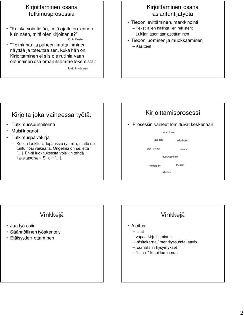 Matti Hyvärinen Kirjoittaminen osana asiantuntijatyötä Tiedon levittäminen, markkinointi Tekstilajien hallinta, eri rekisterit Lukijan asemaan asettuminen Tiedon luominen ja muokkaaminen Käsitteet