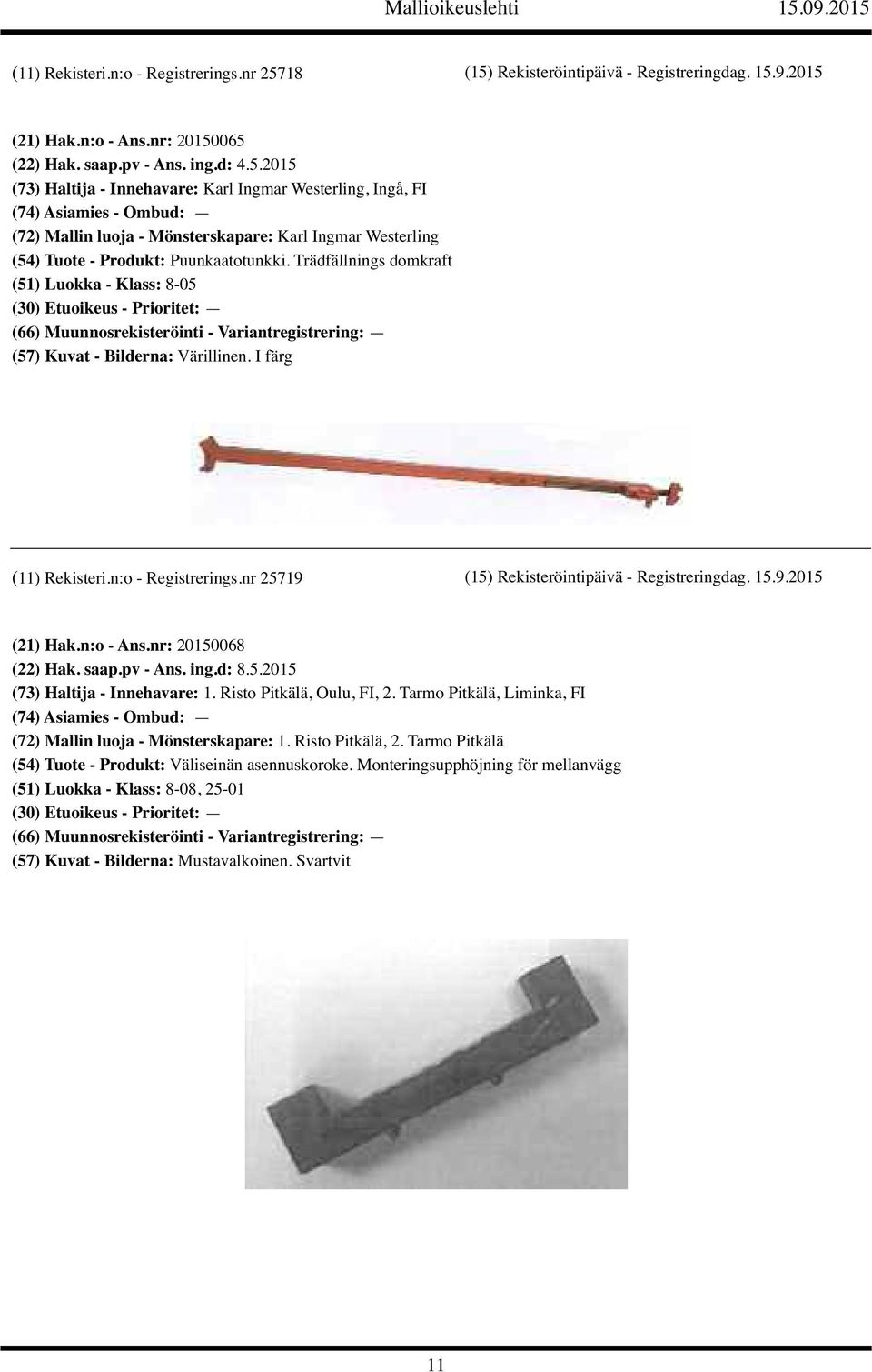 Trädfällnings domkraft (51) Luokka - Klass: 8-05 (57) Kuvat - Bilderna: Värillinen. I färg 19 (15) Rekisteröintipäivä - Registreringdag. 15.9.2015 (21) Hak.n:o - Ans.nr: 20150068 (22) Hak. saap.