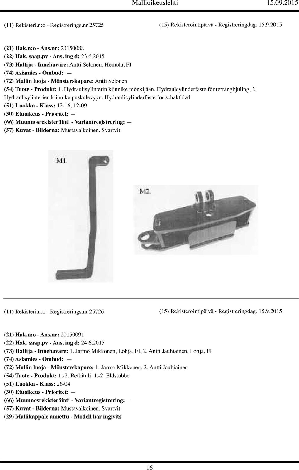 Hydraulcylinderfäste för terränghjuling, 2. Hydraulisylinterien kiinnike puskulevyyn. Hydraulicylinderfäste för schaktblad (51) Luokka - Klass: 12-16, 12-09 (11) Rekisteri.n:o - Registrerings.