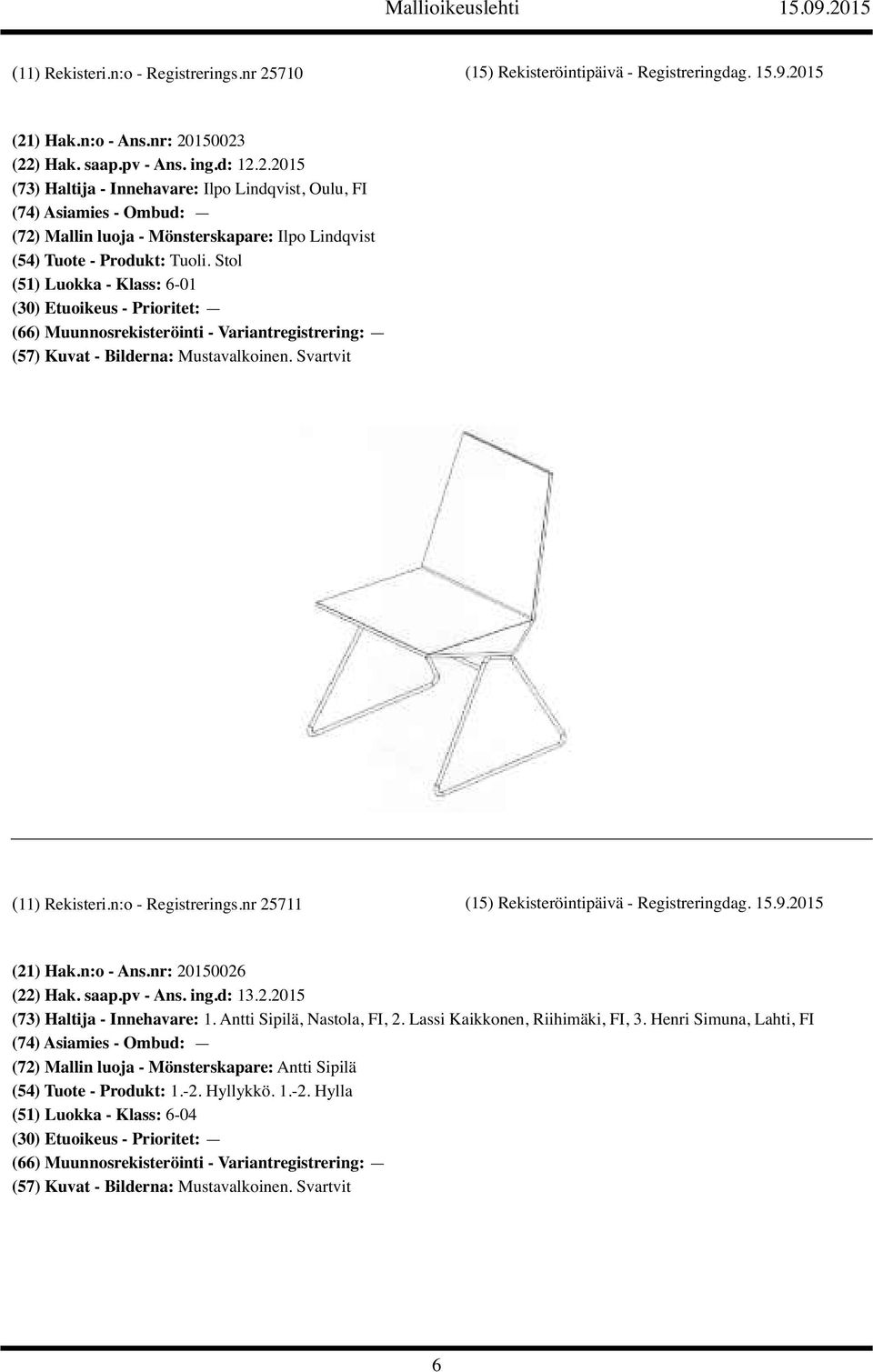 ing.d: 13.2.2015 (73) Haltija - Innehavare: 1. Antti Sipilä, Nastola, FI, 2. Lassi Kaikkonen, Riihimäki, FI, 3.