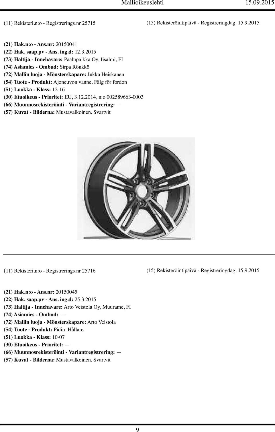 Fälg för fordon (51) Luokka - Klass: 12-16 (30) Etuoikeus - Prioritet: EU, 3.12.2014, n:o 002589663-0003 (11) Rekisteri.n:o - Registrerings.nr 25716 (15) Rekisteröintipäivä - Registreringdag. 15.9.2015 (21) Hak.