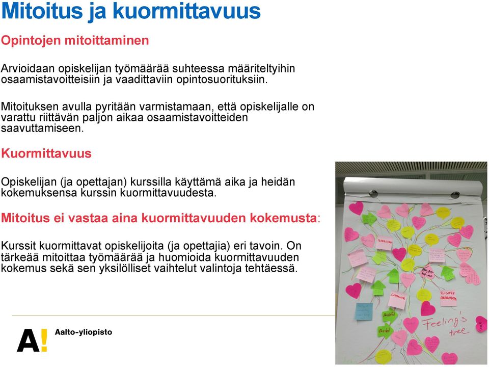 Kuormittavuus Opiskelijan (ja opettajan) kurssilla käyttämä aika ja heidän kokemuksensa kurssin kuormittavuudesta.