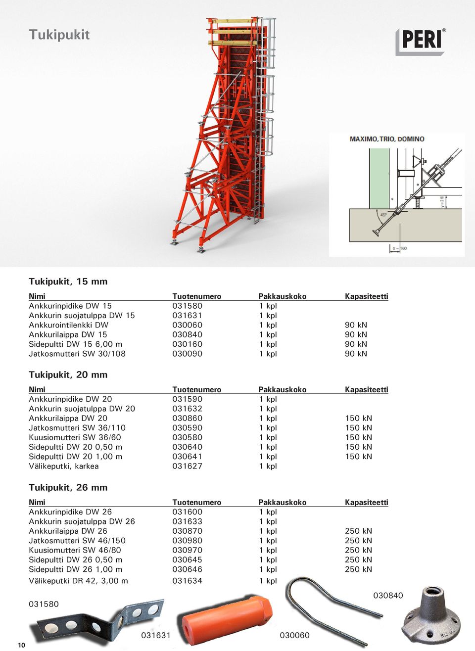 Ankkurilaippa DW 20 030860 1 kpl 150 kn Jatkosmutteri SW 36/110 030590 1 kpl 150 kn Kuusiomutteri SW 36/60 030580 1 kpl 150 kn Sidepultti DW 20 0,50 m 030640 1 kpl 150 kn Sidepultti DW 20 1,00 m