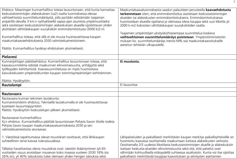 vähittäiskaupan suuryksikön enimmäismitoitusta (3000 k)2-m. Kunnanhallitus toteaa, että sillä ei ole muuta huomautettavaa kaupan maakuntakaavaehdotuksesta 2030 valmisteluaineistoineen.