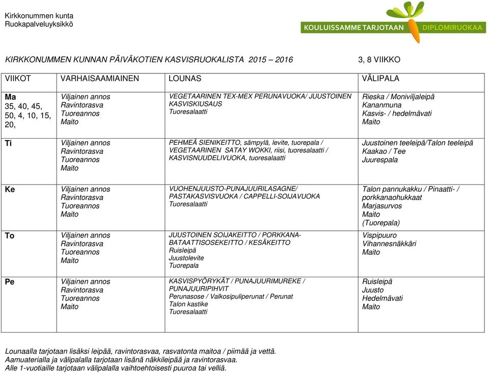 VUOHENJUUSTO-PUNAJUURILASAGNE/ PASTAKASVISVUOKA / CAPPELLI-SOIJAVUOKA Talon pannukakku / Pinaatti- / porkkanaohukkaat rjasurvos () JUUSTOINEN SOIJAKEITTO /