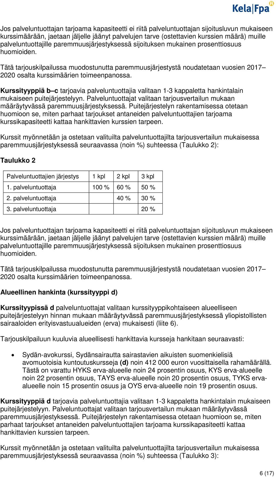 Tätä tarjouskilpailussa muodostunutta paremmuusjärjestystä noudatetaan vuosien 2017 2020 osalta kurssimäärien toimeenpanossa.