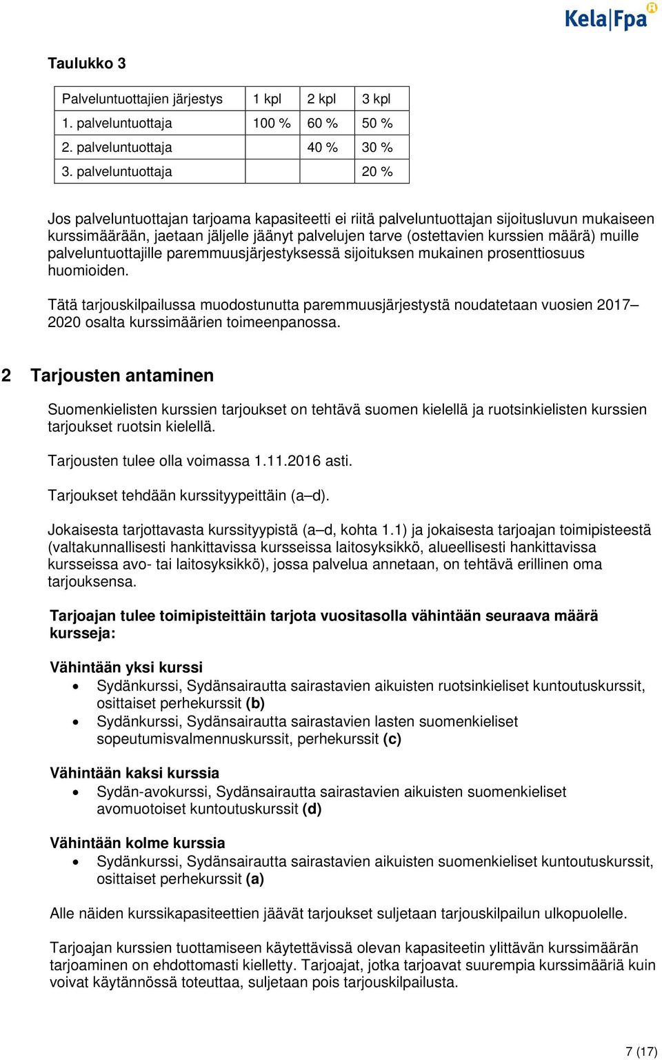 määrä) muille palveluntuottajille paremmuusjärjestyksessä sijoituksen mukainen prosenttiosuus huomioiden.