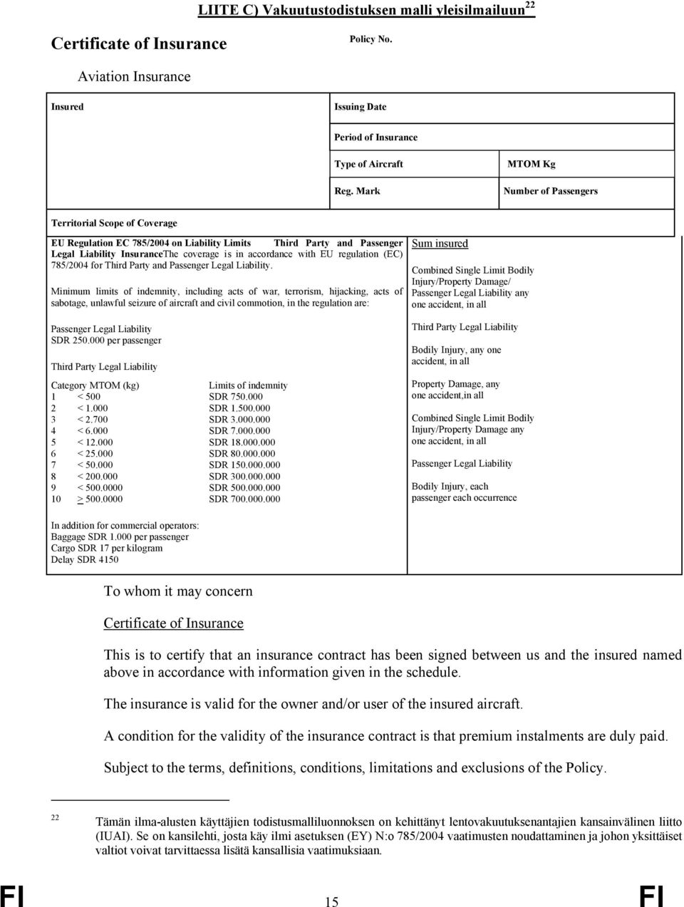 regulation (EC) 785/2004 for Third Party and Passenger Legal Liability.