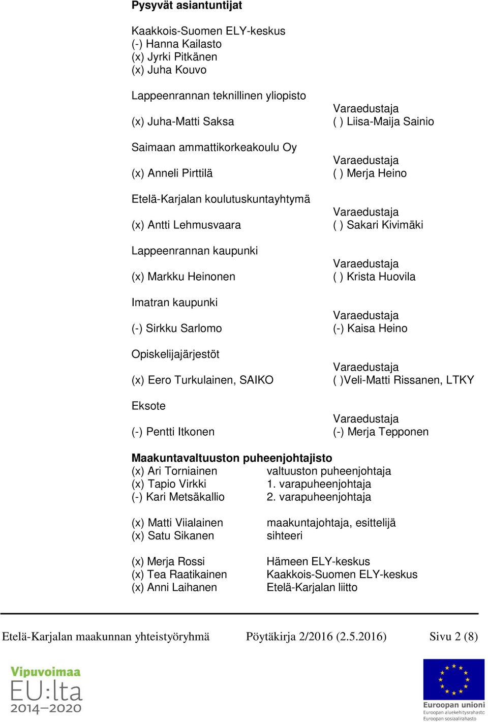 kaupunki (-) Sirkku Sarlomo (-) Kaisa Heino Opiskelijajärjestöt (x) Eero Turkulainen, SAIKO ( )Veli-Matti Rissanen, LTKY Eksote (-) Pentti Itkonen (-) Merja Tepponen Maakuntavaltuuston