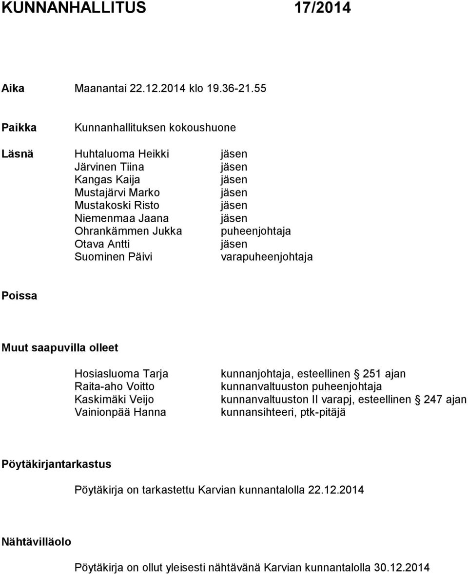 Ohrankämmen Jukka puheenjohtaja Otava Antti jäsen Suominen Päivi varapuheenjohtaja Poissa Muut saapuvilla olleet Hosiasluoma Tarja Raita-aho Voitto Kaskimäki Veijo Vainionpää Hanna