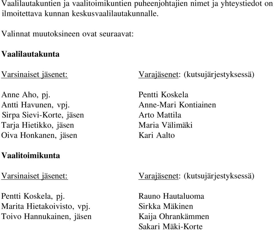 Sirpa Sievi-Korte, jäsen Tarja Hietikko, jäsen Oiva Honkanen, jäsen Varajäsenet: (kutsujärjestyksessä) Pentti Koskela Anne-Mari Kontiainen Arto Mattila