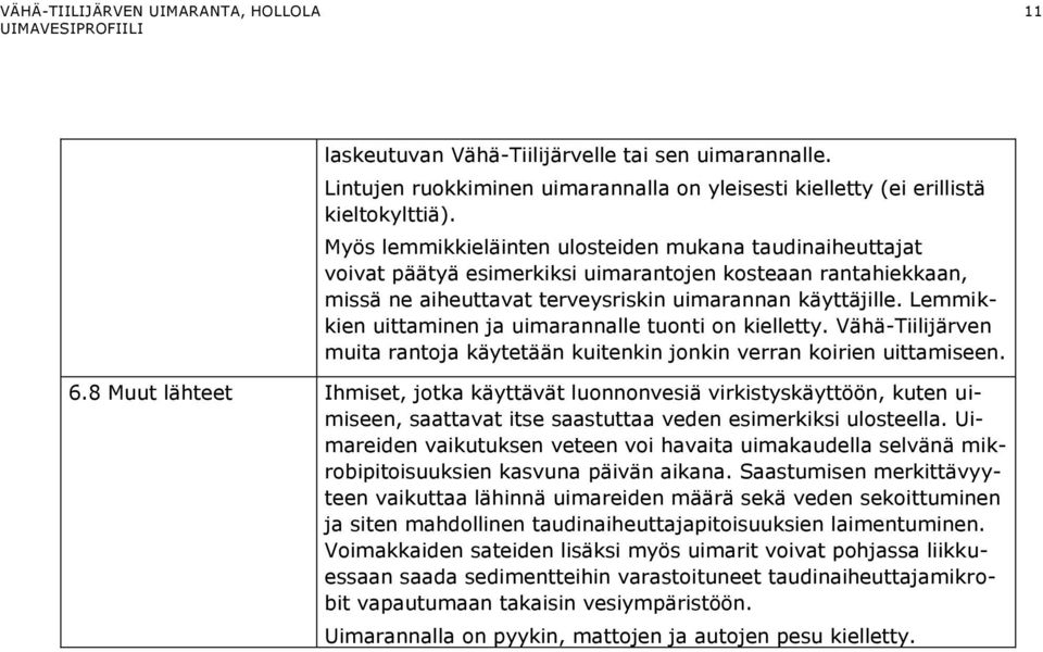 Lemmikkien uittaminen ja uimarannalle tuonti on kielletty. Vähä-Tiilijärven muita rantoja käytetään kuitenkin jonkin verran koirien uittamiseen. 6.