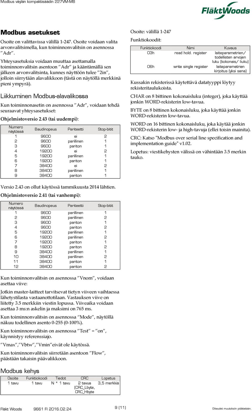 on näytöllä merkkinä pieni ympyrä). Liikkuminen Modbus-alavalikossa Kun toiminnonasetin on asennossa Adr, voidaan tehdä seuraavat yhteysasetukset: Ohjelmistoversio.