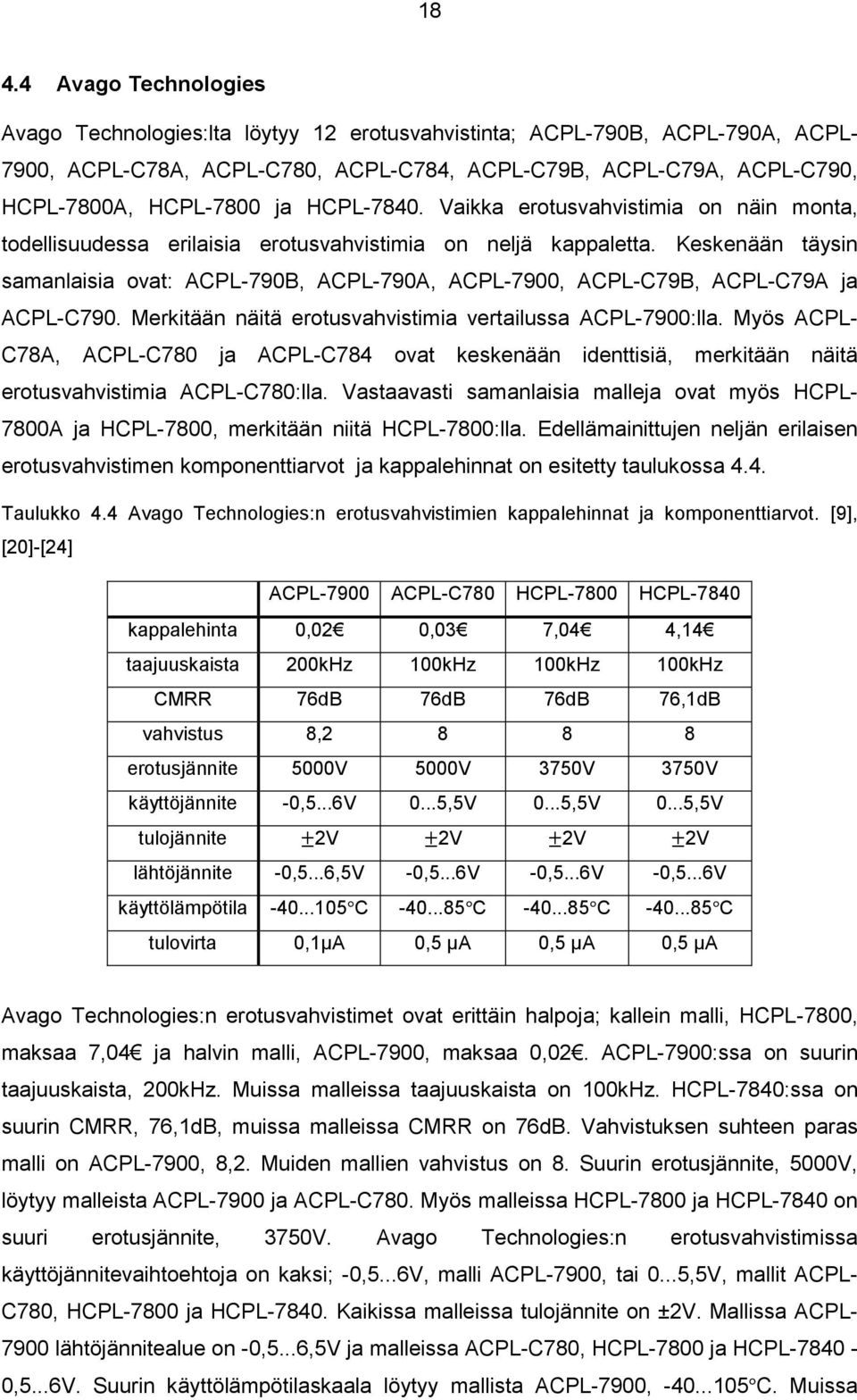 Keskenään täysin samanlaisia ovat: ACPL-790B, ACPL-790A, ACPL-7900, ACPL-C79B, ACPL-C79A ja ACPL-C790. Merkitään näitä erotusvahvistimia vertailussa ACPL-7900:lla.