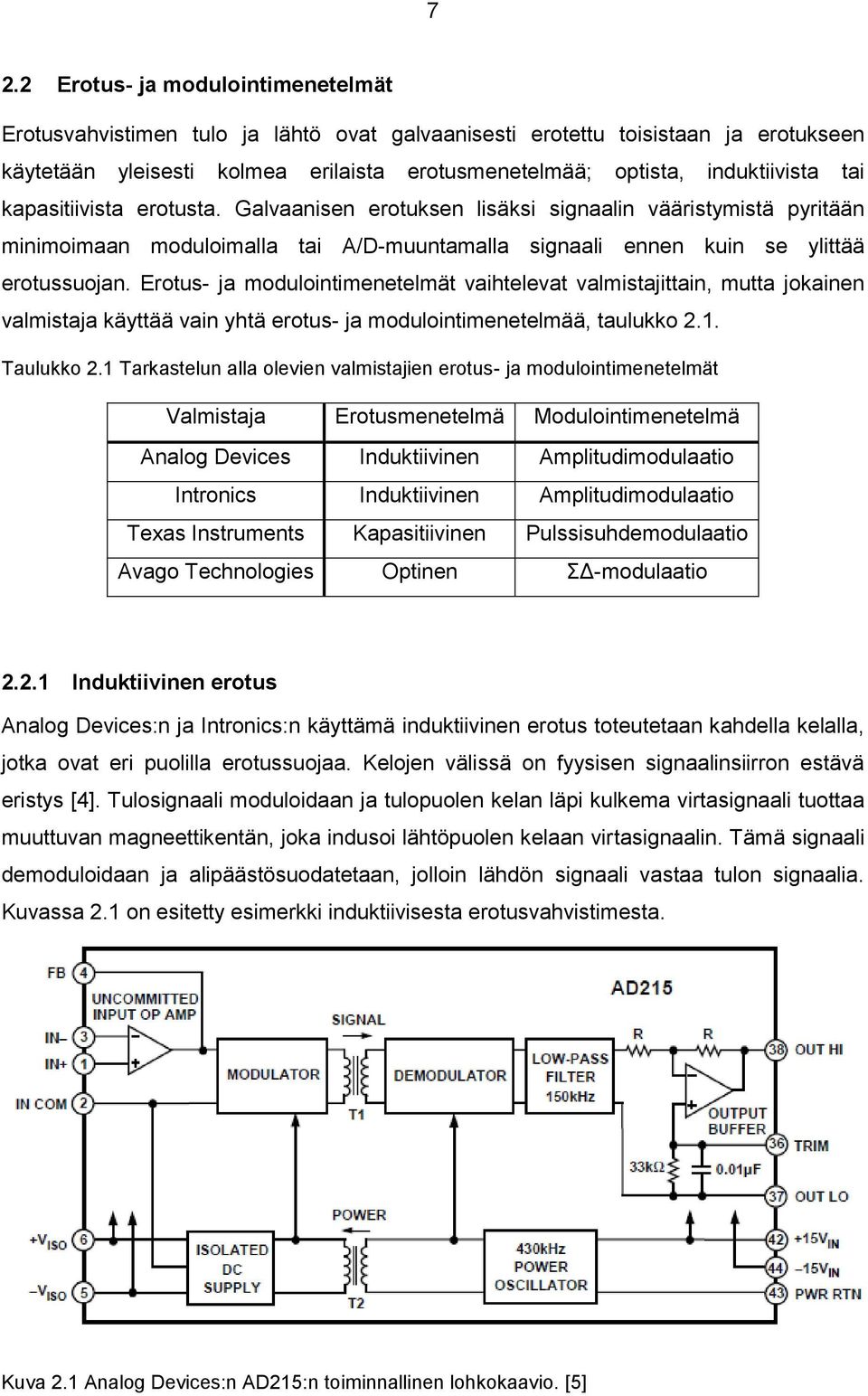 Erotus- ja modulointimenetelmät vaihtelevat valmistajittain, mutta jokainen valmistaja käyttää vain yhtä erotus- ja modulointimenetelmää, taulukko 2.1. Taulukko 2.