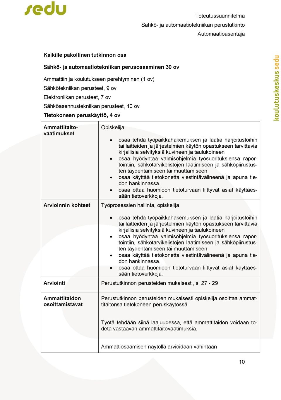 järjestelmien käytön opastukseen tarvittavia kirjallisia selvityksiä kuvineen ja taulukoineen osaa hyödyntää valmisohjelmia työsuorituksiensa raportointiin, sähkötarvikelistojen laatimiseen ja