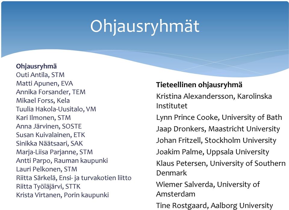 STTK Krista Virtanen, Porin kaupunki Tieteellinen ohjausryhmä Kristina Alexandersson, Karolinska Institutet Lynn Prince Cooke, University of Bath Jaap Dronkers, Maastricht