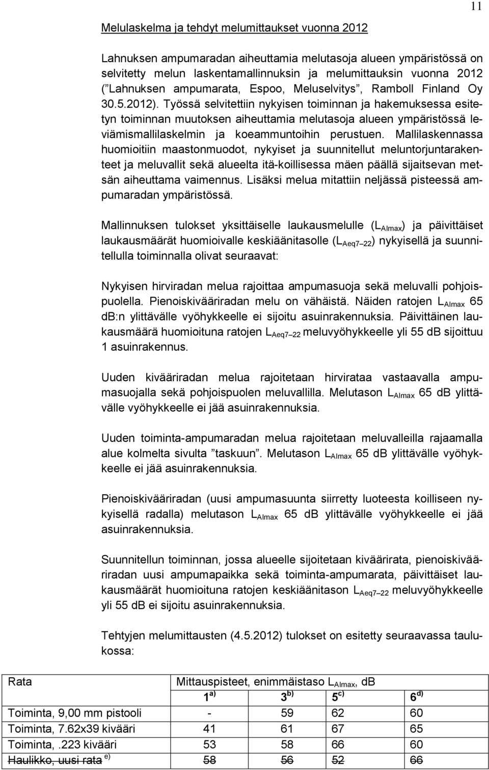 Työssä selvitettiin nykyisen toiminnan ja hakemuksessa esitetyn toiminnan muutoksen aiheuttamia melutasoja alueen ympäristössä leviämismallilaskelmin ja koeammuntoihin perustuen.