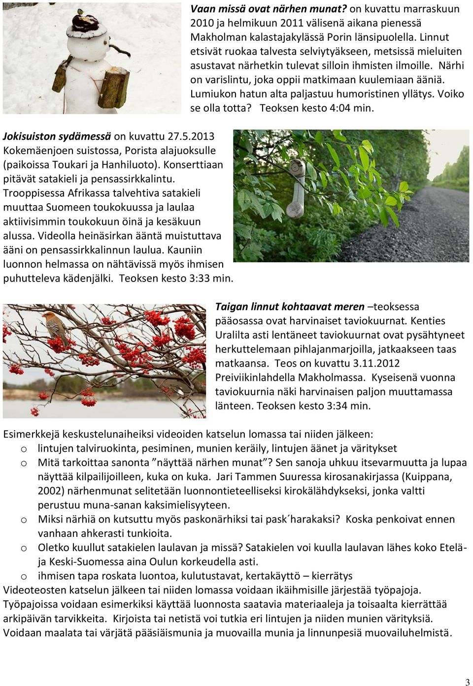Videolla heinäsirkan ääntä muistuttava ääni on pensassirkkalinnun laulua. Kauniin luonnon helmassa on nähtävissä myös ihmisen puhutteleva kädenjälki. Teoksen kesto 3:33 min.