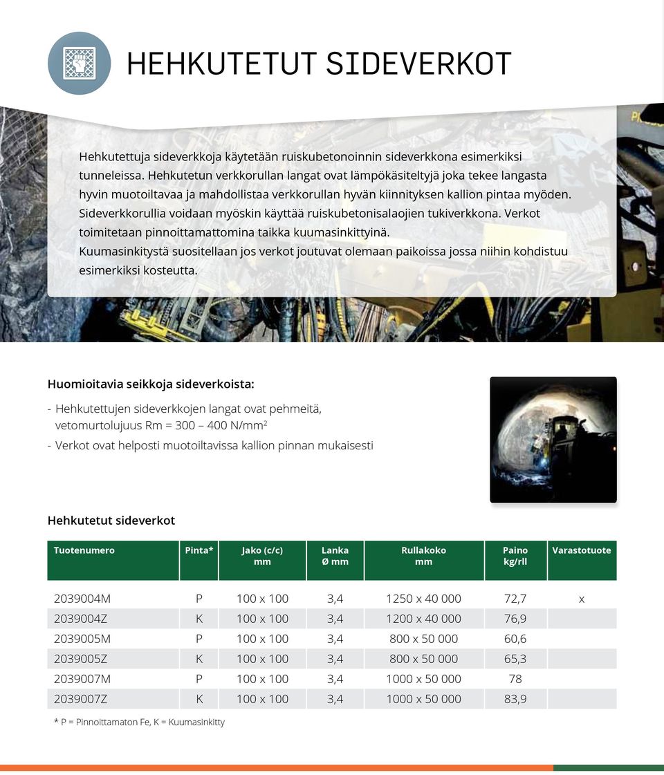 Sideverkkorullia voidaan myöskin käyttää ruiskubetonisalaojien tukiverkkona. Verkot toimitetaan pinnoittamattomina taikka kuumasinkittyinä.