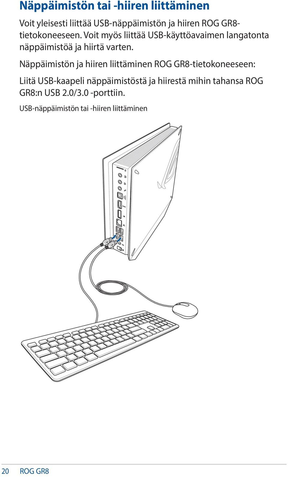 Näppäimistön ja hiiren liittäminen ROG GR8-tietokoneeseen: Liitä USB-kaapeli näppäimistöstä ja