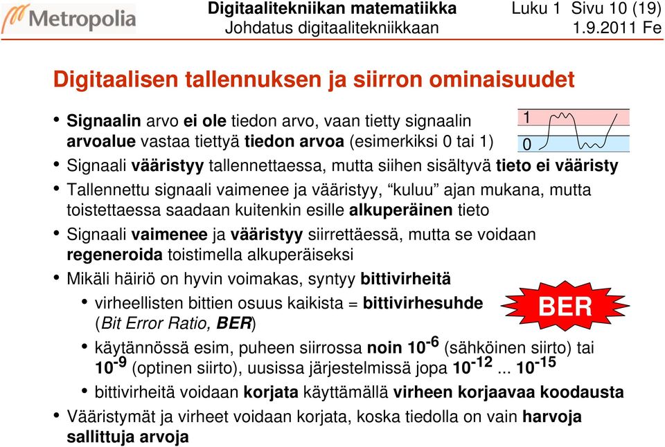 esille alkuperäinen tieto Signaali vaimenee ja vääristyy siirrettäessä, mutta se voidaan regeneroida toistimella alkuperäiseksi Mikäli häiriö on hyvin voimakas, syntyy bittivirheitä virheellisten