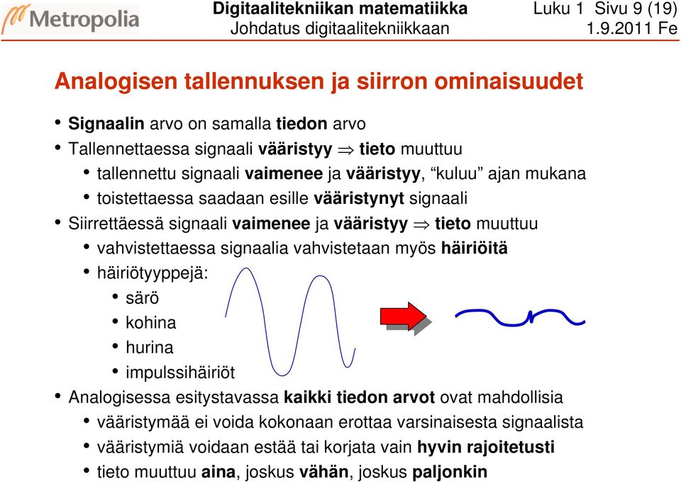 tieto muuttuu vahvistettaessa signaalia vahvistetaan myös häiriöitä häiriötyyppejä: särö kohina hurina impulssihäiriöt Analogisessa esitystavassa kaikki tiedon arvot ovat