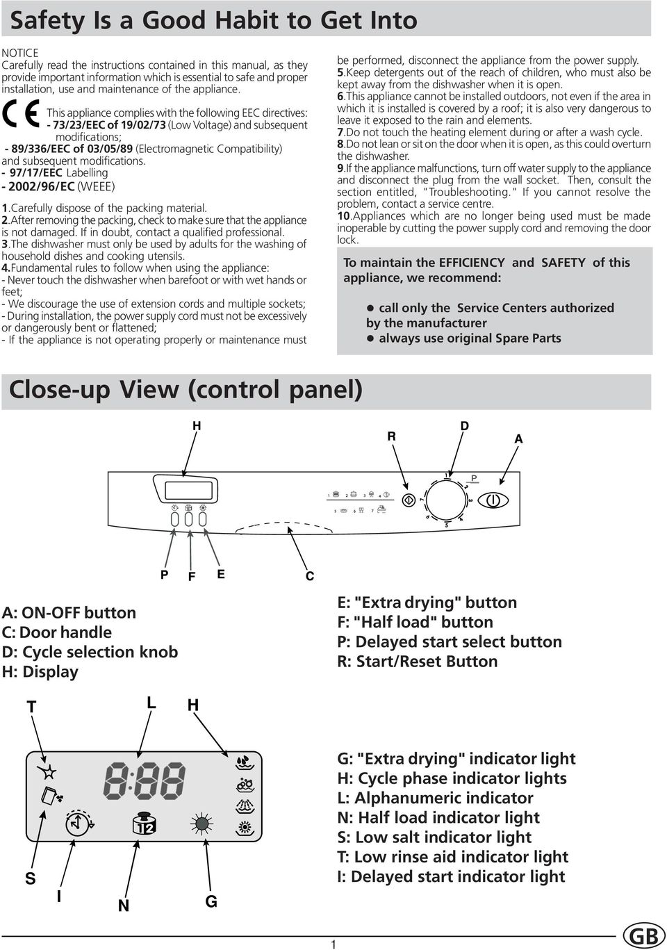 This appliance complies with the following EEC directives: - 73/23/EEC of 19/02/73 (Low Voltage) and subsequent modifications; - 89/336/EEC of 03/05/89 (Electromagnetic Compatibility) and subsequent