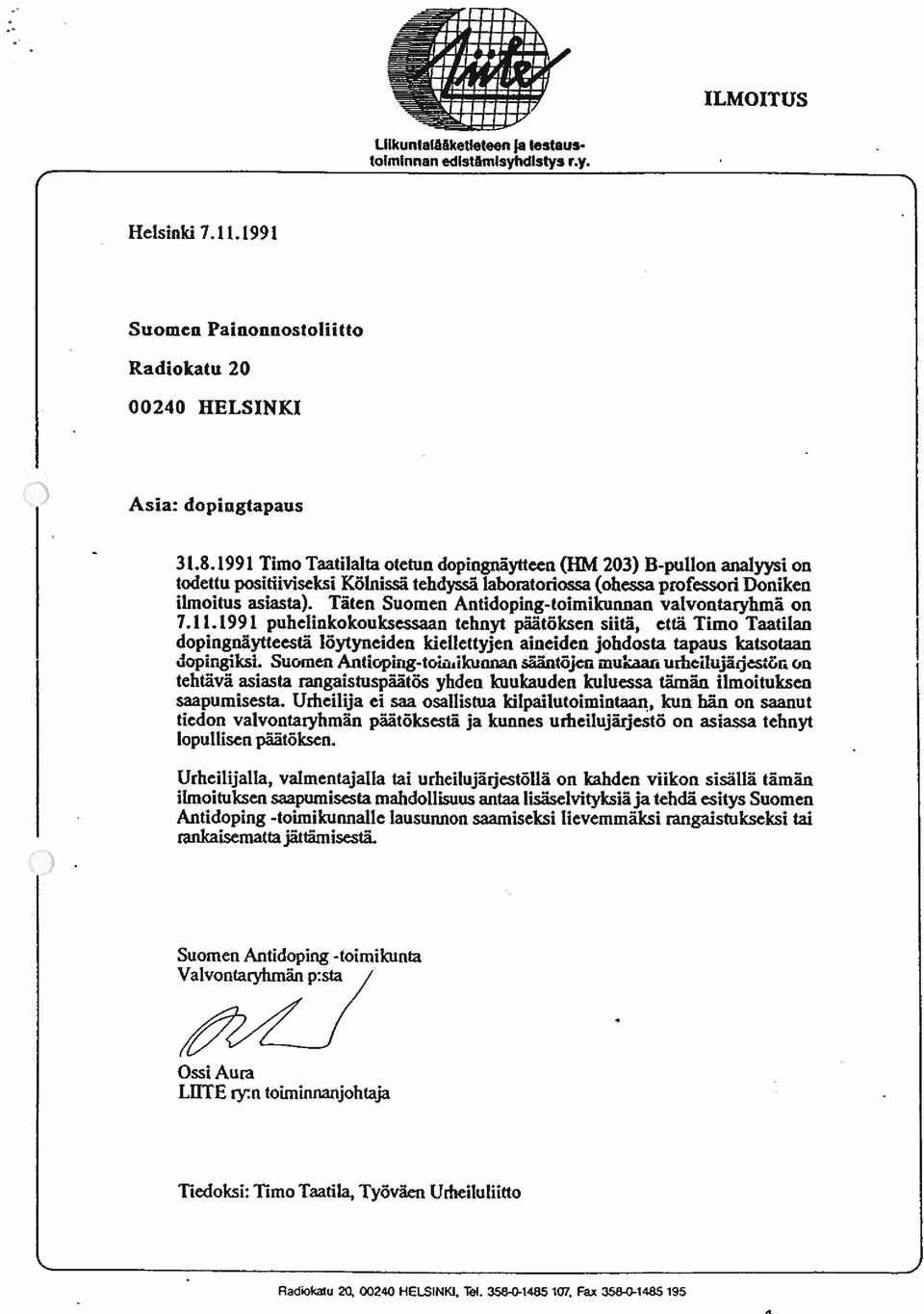 Täten Suomen Antidoping-toimikunnan valvontaryhmä on 7.11.