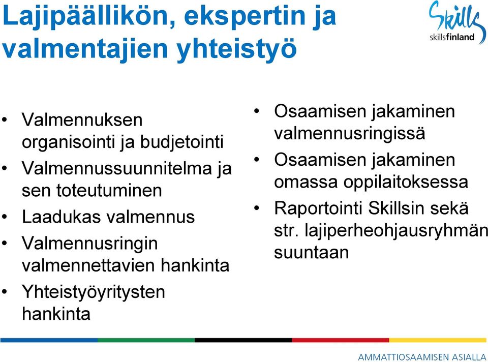 valmennettavien hankinta Yhteistyöyritysten hankinta Osaamisen jakaminen valmennusringissä