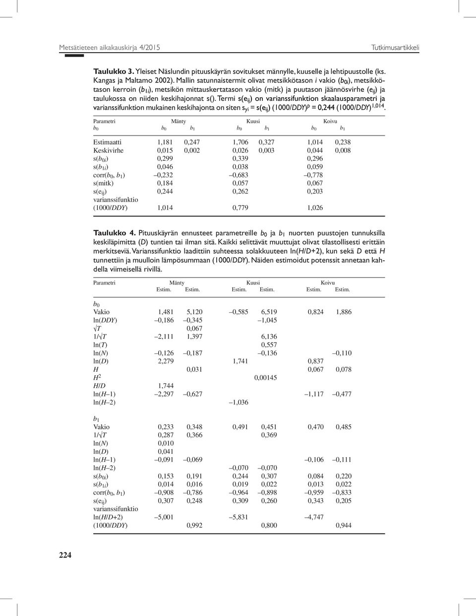 keskihajonnat s(). Termi s(e ij ) on varianssifunktion skaalausparametri ja varianssifunktion mukainen keskihajonta on siten s yi = s(e ij ) (1000/DDY) p = 0,244 (1000/DDY) 1,014.