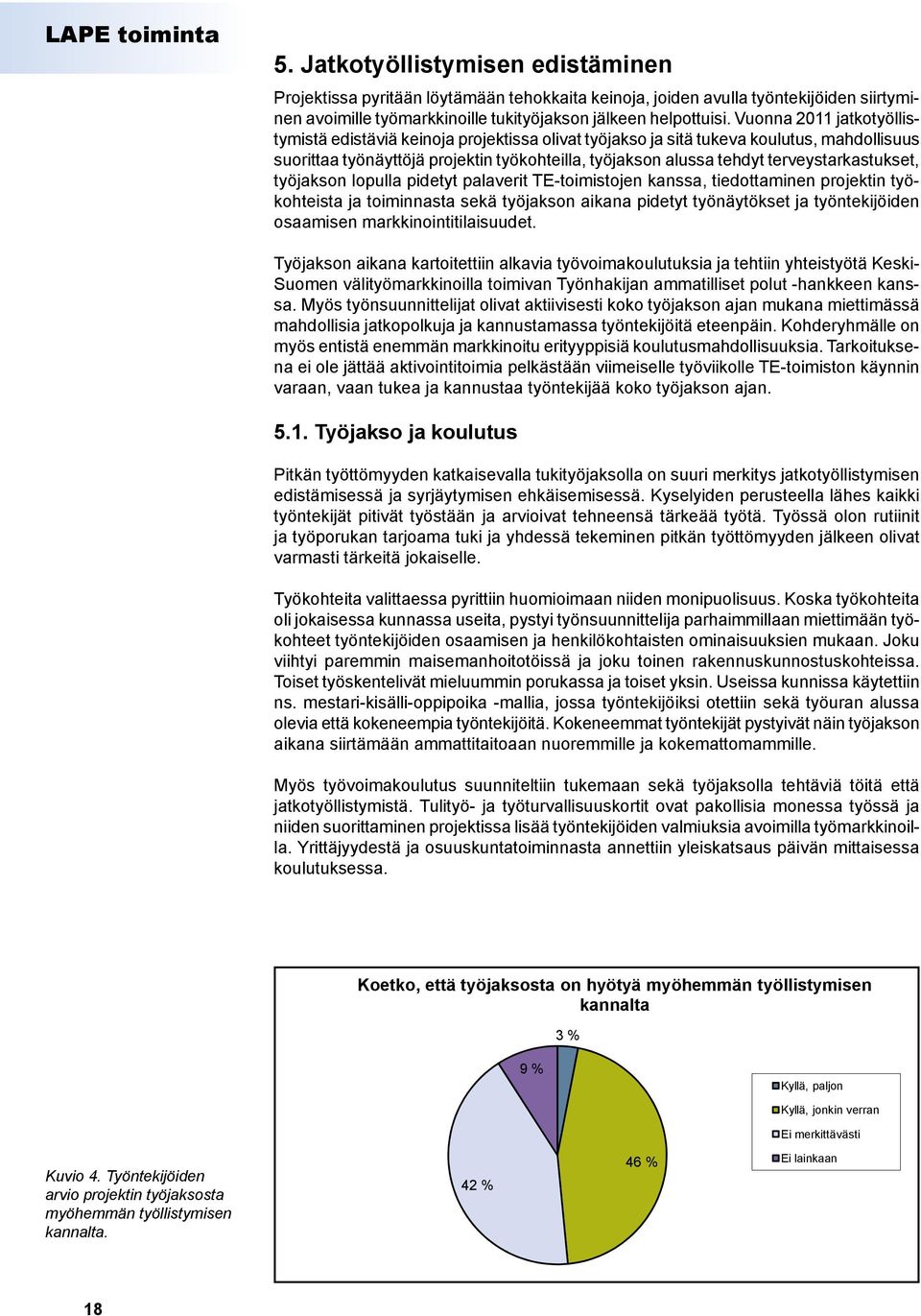 Vuonna 2011 jatkotyöllistymistä edistäviä keinoja projektissa olivat työjakso ja sitä tukeva koulutus, mahdollisuus suorittaa työnäyttöjä projektin työkohteilla, työjakson alussa tehdyt