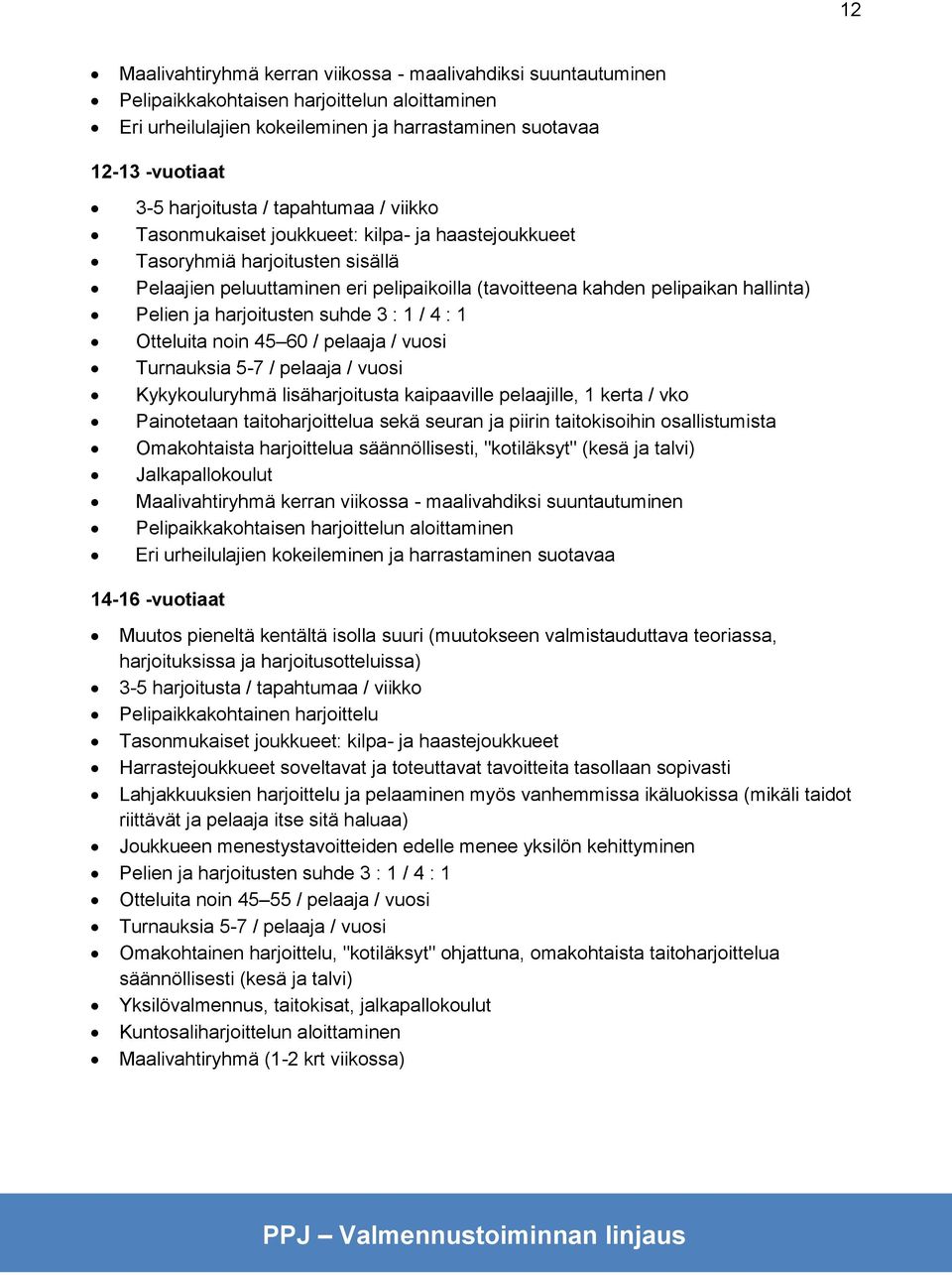 Pelien ja harjoitusten suhde 3 : 1 / 4 : 1 Otteluita noin 45 60 / pelaaja / vuosi Turnauksia 5-7 / pelaaja / vuosi Kykykouluryhmä lisäharjoitusta kaipaaville pelaajille, 1 kerta / vko Painotetaan