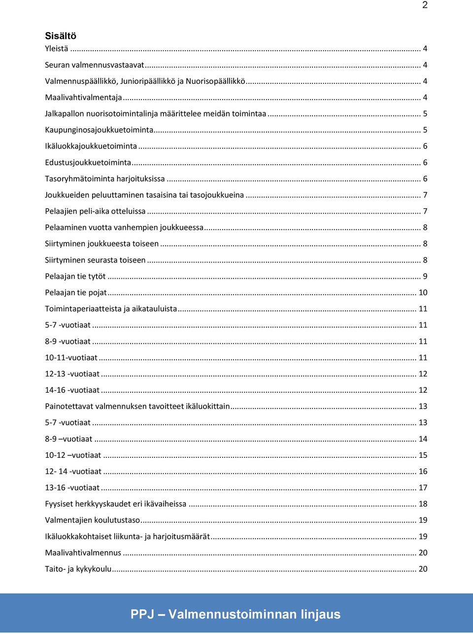 .. 6 Joukkueiden peluuttaminen tasaisina tai tasojoukkueina... 7 Pelaajien peli-aika otteluissa... 7 Pelaaminen vuotta vanhempien joukkueessa... 8 Siirtyminen joukkueesta toiseen.